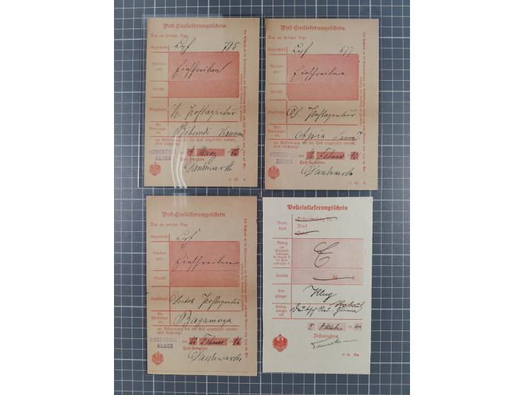 1892/1910, kleine Partie mit u.a. drei Posteinlieferungsscheinen 1892 für R-Briefen Apia, Bagamojo und Bibundi, Urkunde für e