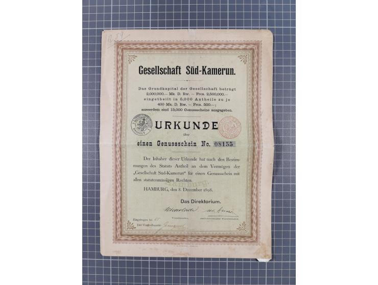 1892/1910, kleine Partie mit u.a. drei Posteinlieferungsscheinen 1892 für R-Briefen Apia, Bagamojo und Bibundi, Urkunde für e