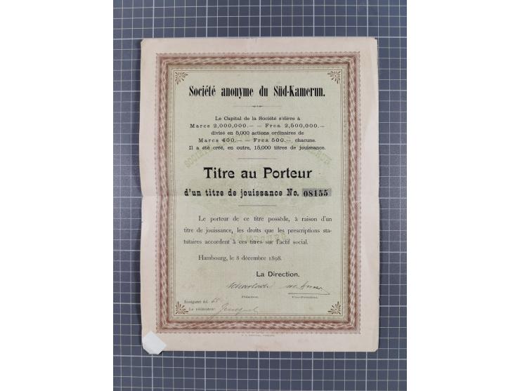 1892/1910, kleine Partie mit u.a. drei Posteinlieferungsscheinen 1892 für R-Briefen Apia, Bagamojo und Bibundi, Urkunde für e