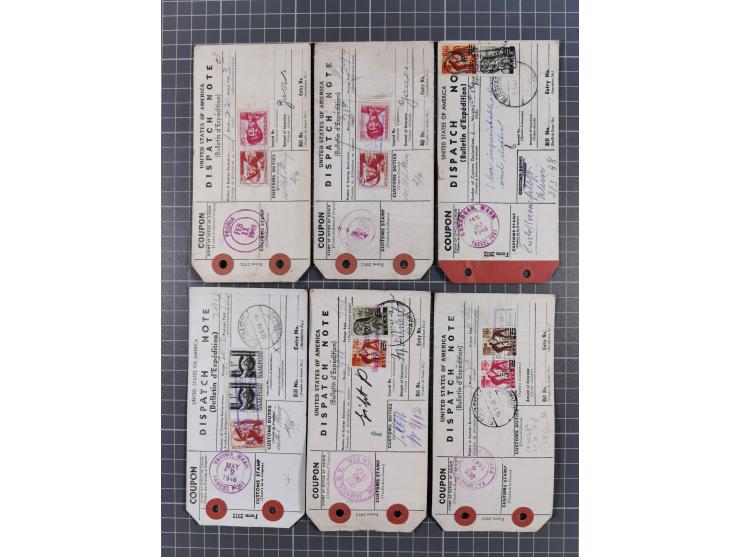 1947/48, Partie mit ca. 70 Koffer-Anhängern “Dispatch Note” aus den USA in das Saarland mit Postverzollungs-Gebührenstempeln 