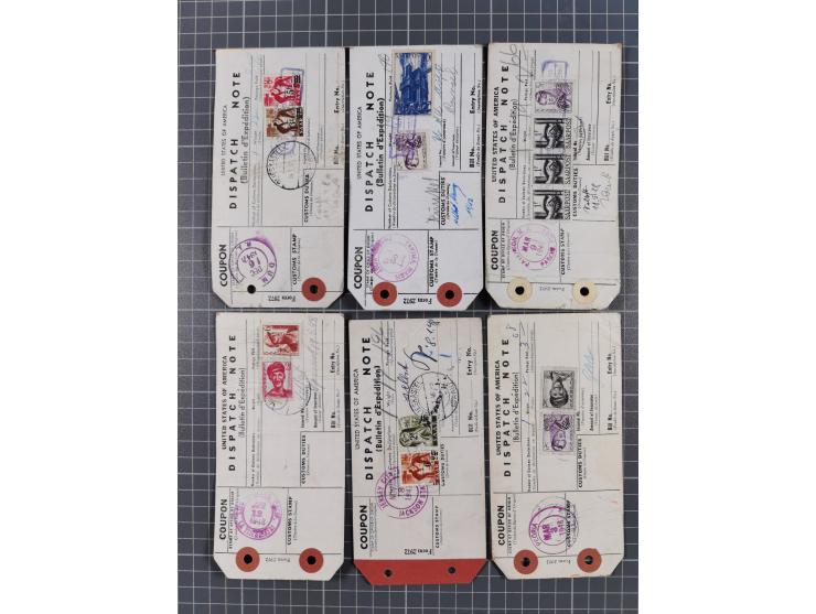 1947/48, Partie mit ca. 70 Koffer-Anhängern “Dispatch Note” aus den USA in das Saarland mit Postverzollungs-Gebührenstempeln 