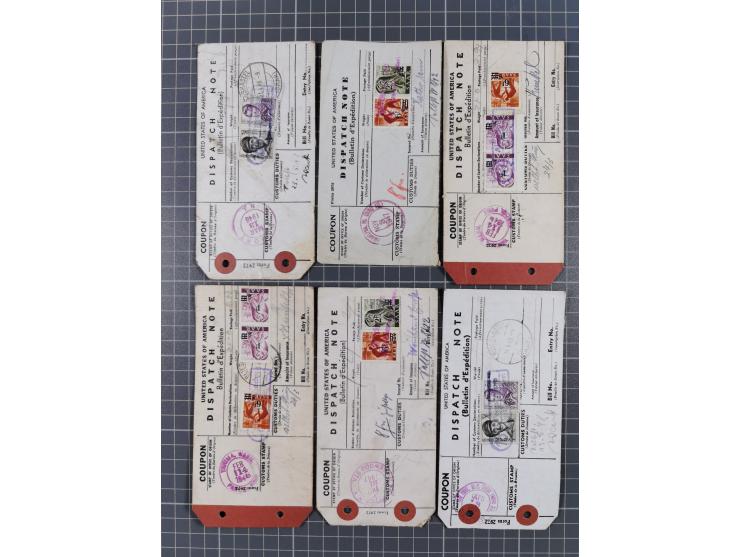 1947/48, Partie mit ca. 70 Koffer-Anhängern “Dispatch Note” aus den USA in das Saarland mit Postverzollungs-Gebührenstempeln 