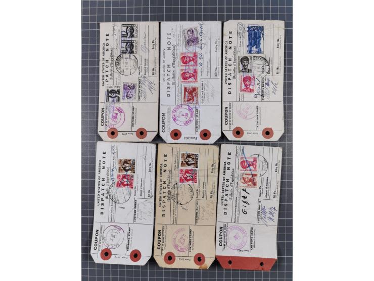 1947/48, Partie mit ca. 70 Koffer-Anhängern “Dispatch Note” aus den USA in das Saarland mit Postverzollungs-Gebührenstempeln 