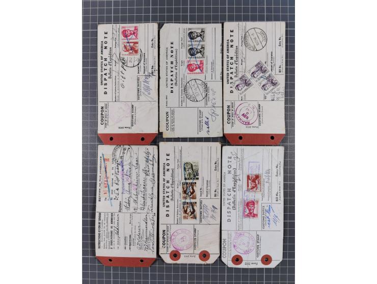 1947/48, Partie mit ca. 70 Koffer-Anhängern “Dispatch Note” aus den USA in das Saarland mit Postverzollungs-Gebührenstempeln 