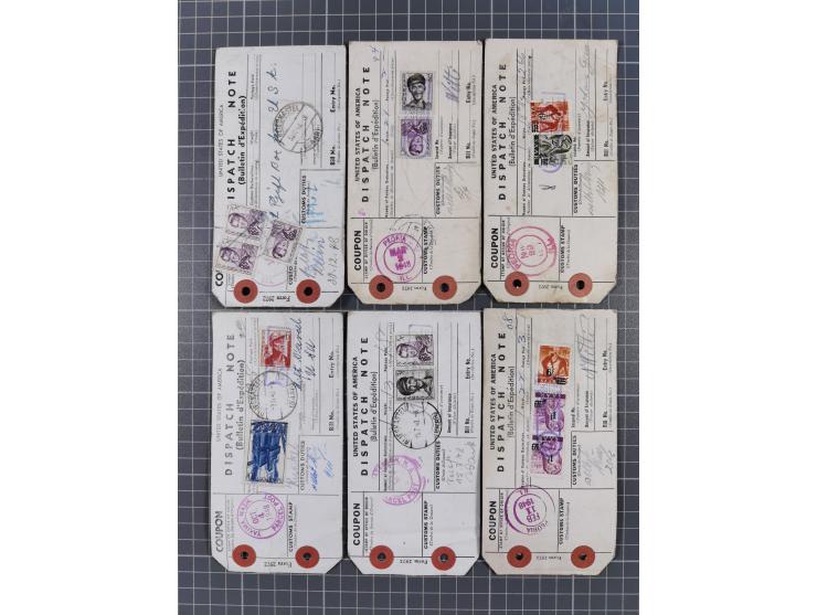 1947/48, Partie mit ca. 70 Koffer-Anhängern “Dispatch Note” aus den USA in das Saarland mit Postverzollungs-Gebührenstempeln 