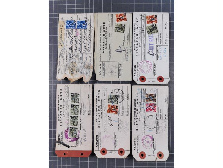 1947/48, Partie mit ca. 70 Koffer-Anhängern “Dispatch Note” aus den USA in das Saarland mit Postverzollungs-Gebührenstempeln 