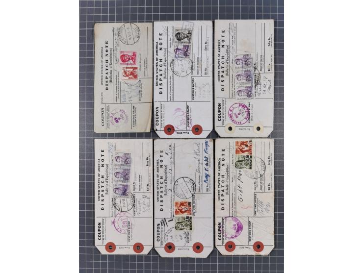 1947/48, Partie mit ca. 70 Koffer-Anhängern “Dispatch Note” aus den USA in das Saarland mit Postverzollungs-Gebührenstempeln 