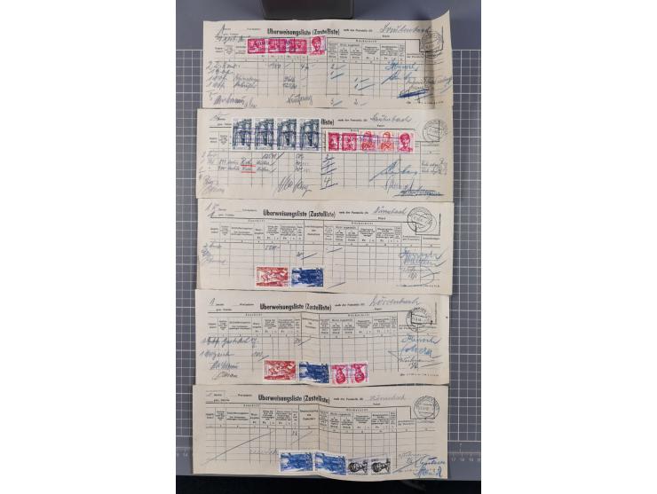 1949, über 150 frankierte Zustellungslisten (Zustelllisten) mit diversen Frankaturen, Paaren und Einheiten. In der Regel sind
