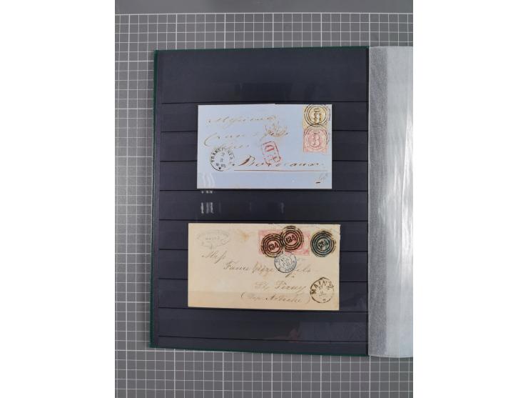 1857/67 (ca.), ein unfrankierter und 25 frankierte Briefe in das europäische Ausland, diverse Portostufen und Frankatur-Kombi