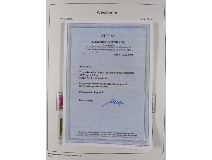 1948/90, postfrische komplette Sammlung Berlin im Vordruck-Album, dabei Besonderheiten wie Mi. 33 verschobener Aufdruck, gepr