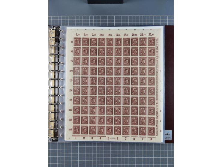 1921, 5 Pfg.-20 M., je in kpl. Bogen, dabei 10 Pfg. ungefaltet, postfrisch kleines Aufklammerungsloch im Rand und leichte Ble