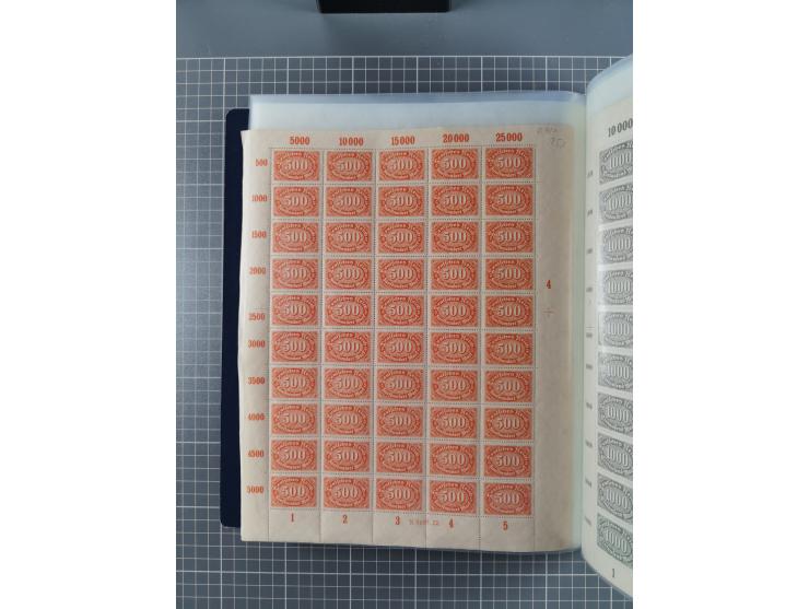 1922, meist postfrische Sammlung mit 100 Bogen ex Mi.-Nr. 246-57, teils sign. INFLA Berlin, in guter Erhaltung, teils übliche