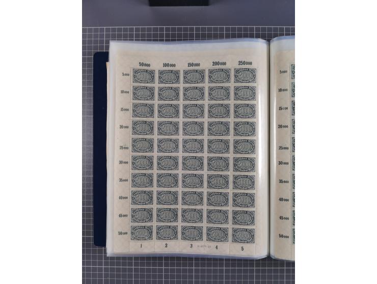 1922, meist postfrische Sammlung mit 100 Bogen ex Mi.-Nr. 246-57, teils sign. INFLA Berlin, in guter Erhaltung, teils übliche