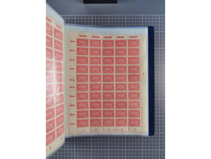 1922, meist postfrische Sammlung mit 100 Bogen ex Mi.-Nr. 246-57, teils sign. INFLA Berlin, in guter Erhaltung, teils übliche