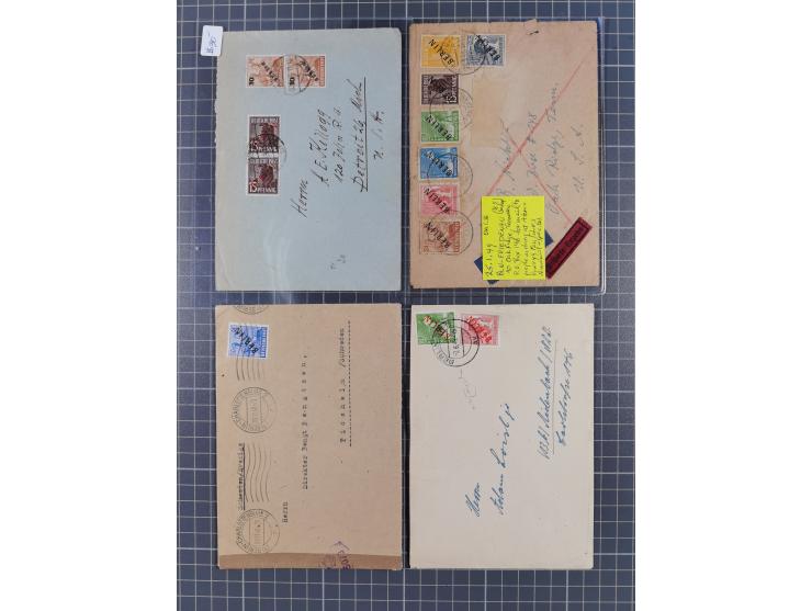 1948/49, ca. 70 Briefe und Karten mit Schwarz-, Rot- und Grünaufdruck-Marken mit vielen besseren Verwendungen. Dabei u.a. Mi.
