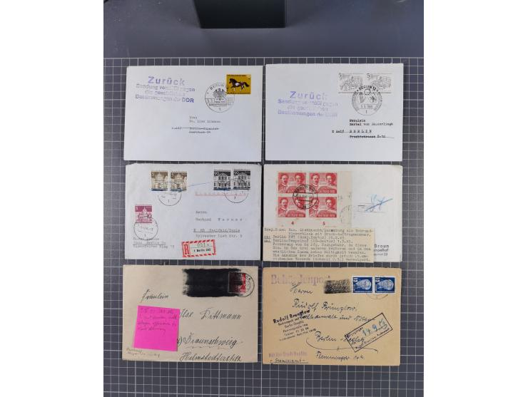 Postkrieg: 1948/85, Partie mit 45 Briefen, Karten und Ganzsachen, dabei Schwärzungen, Aufkleber, Hinweisstempel usw.