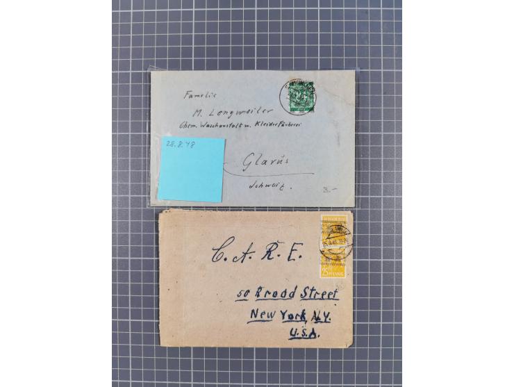 1948, fast 30 Briefe und Karten mit Band/Netz-Frankaturen, dabei meist Briefe in die USA mit u.a. sieben Luftpost-Ersatz-Aero