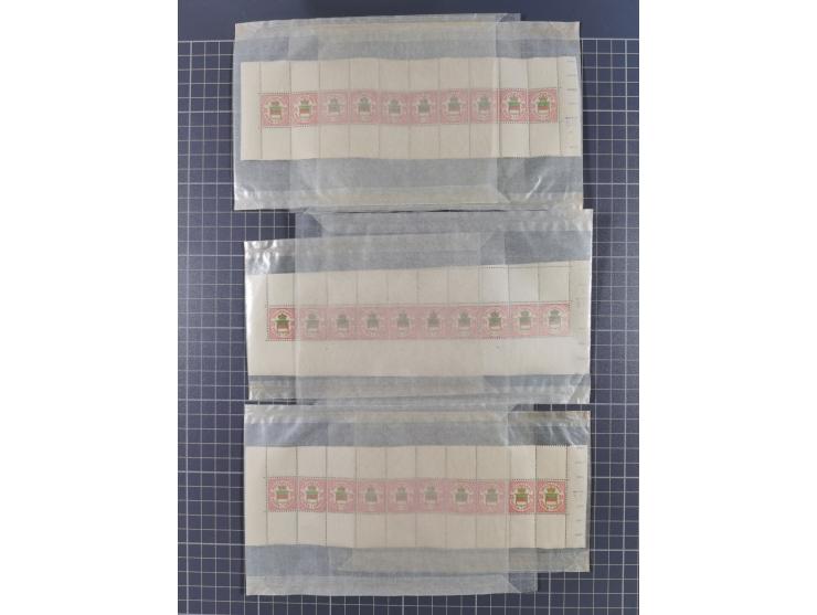 1876, Freimarken 2 ½ P. / 20 Pfg., Zehnerstreifen, postfrisch, 20 Exemplare, teils mit unterschiedlichen Randdrucken (Mi.-Nr.