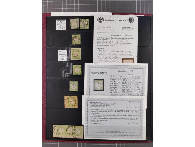 1872/75, gestempelte Sammlung mit ca. 150 Marken/Briefstücken, dabei seltene Stempel, Zufallsentwertungen, raue Zähnung, Plat
