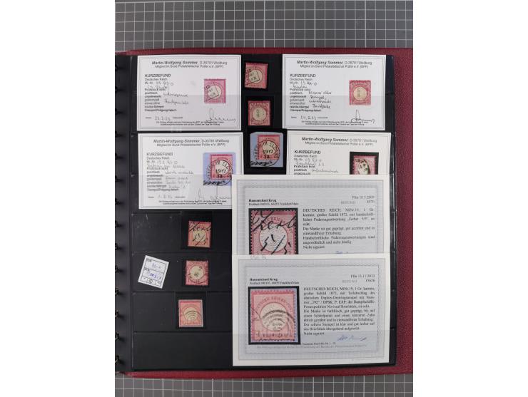 1872/75, gestempelte Sammlung mit ca. 150 Marken/Briefstücken, dabei seltene Stempel, Zufallsentwertungen, raue Zähnung, Plat