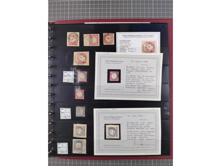 1872/75, gestempelte Sammlung mit ca. 150 Marken/Briefstücken, dabei seltene Stempel, Zufallsentwertungen, raue Zähnung, Plat