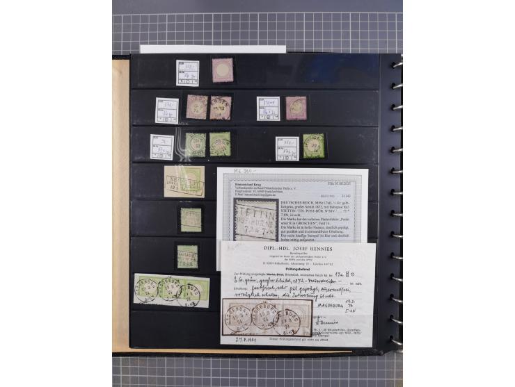 1872/75, Sammlung mit rund 200 Marken/Briefstücken und 30 Belegen, dabei zahlreiche Plattenfehler, Prägefehler, raue Zähnung,