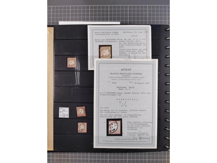 1872/75, Sammlung mit rund 200 Marken/Briefstücken und 30 Belegen, dabei zahlreiche Plattenfehler, Prägefehler, raue Zähnung,