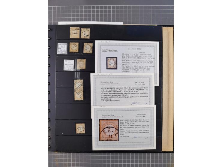 1872/75, Sammlung mit rund 200 Marken/Briefstücken und 30 Belegen, dabei zahlreiche Plattenfehler, Prägefehler, raue Zähnung,