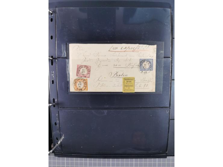 1872/75, Groschenbezirk, rund 60 Briefe und Ganzsachen, dabei viele interessante Belege, u.a. 1 (3) auf Drucksache nach Amste