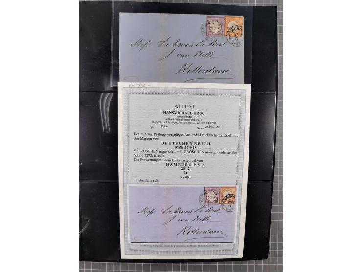 1872/75, Groschenbezirk, rund 60 Briefe und Ganzsachen, dabei viele interessante Belege, u.a. 1 (3) auf Drucksache nach Amste