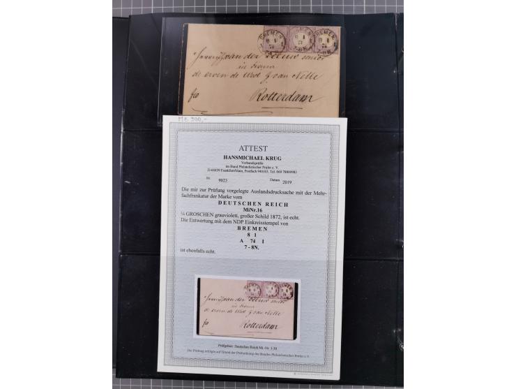 1872/75, Groschenbezirk, rund 60 Briefe und Ganzsachen, dabei viele interessante Belege, u.a. 1 (3) auf Drucksache nach Amste