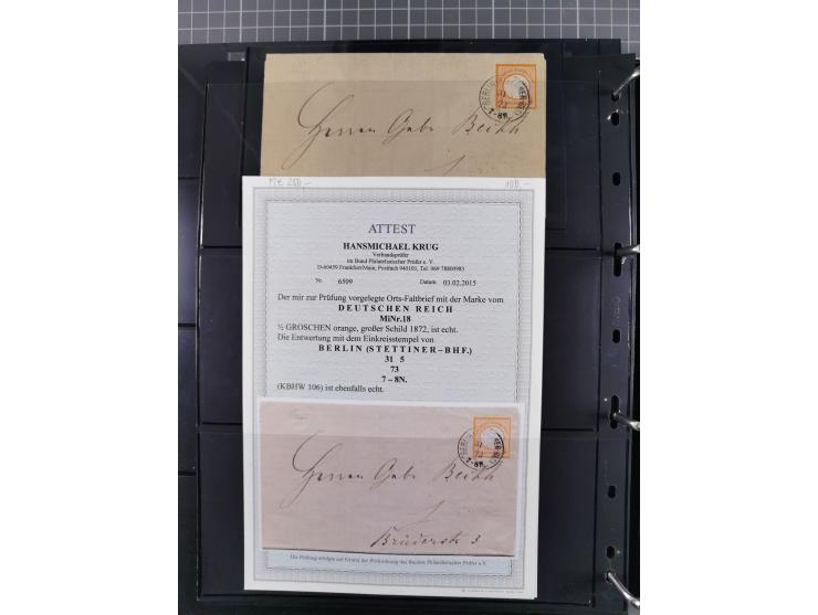 1872/75, Groschenbezirk, rund 60 Briefe und Ganzsachen, dabei viele interessante Belege, u.a. 1 (3) auf Drucksache nach Amste