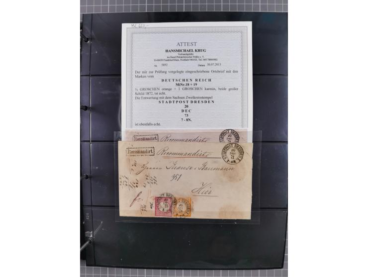 1872/75, Groschenbezirk, rund 60 Briefe und Ganzsachen, dabei viele interessante Belege, u.a. 1 (3) auf Drucksache nach Amste