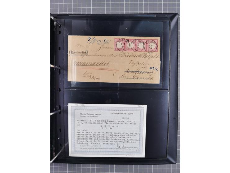 1872/75, Groschenbezirk, rund 60 Briefe und Ganzsachen, dabei viele interessante Belege, u.a. 1 (3) auf Drucksache nach Amste