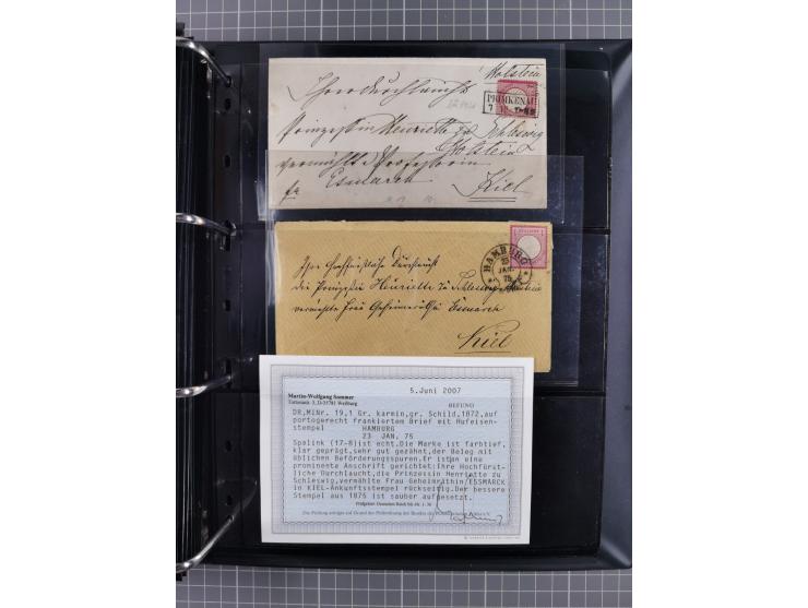 1872/75, Groschenbezirk, rund 60 Briefe und Ganzsachen, dabei viele interessante Belege, u.a. 1 (3) auf Drucksache nach Amste