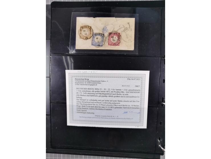 1872/75, Groschenbezirk, rund 60 Briefe und Ganzsachen, dabei viele interessante Belege, u.a. 1 (3) auf Drucksache nach Amste