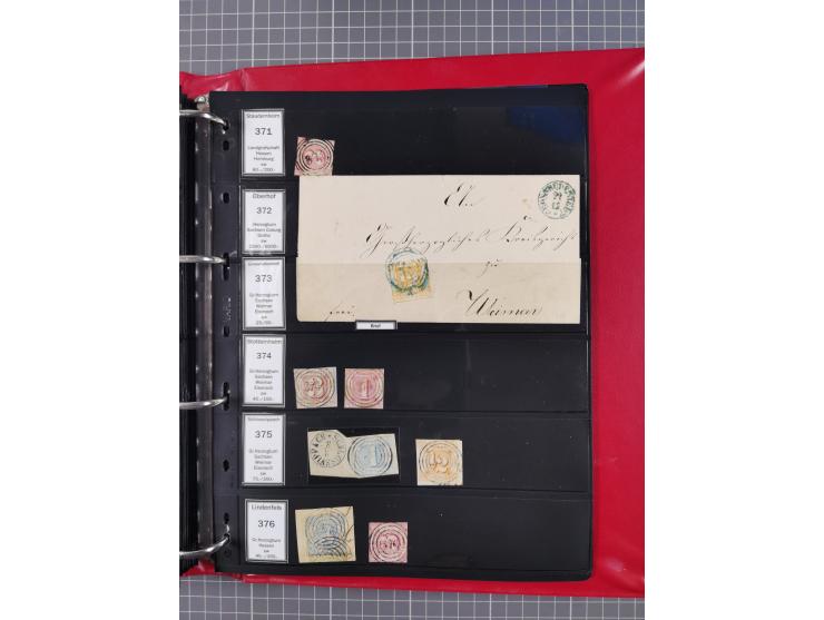 1852/65 (ca.), Sammlung der Nummernstempel ex Nr. 1 bis Nr. 415, überschlägig 700 Marken und 90 Briefe (teils Vorderseiten), 