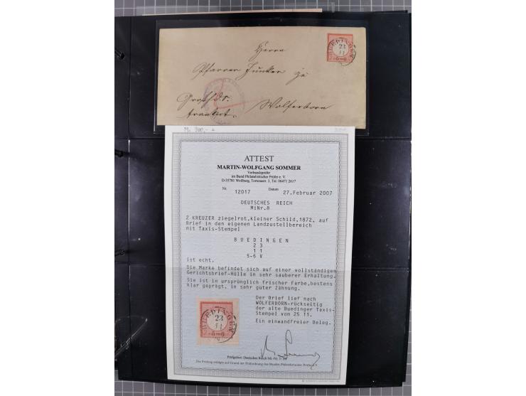 1872/75, Kreuzerbezirk, Sammlung von 31 Belegen, dabei Farbfrankaturen Michel 7 + 8, Mi. 8 EF auf Brief in den eigenen Landzu