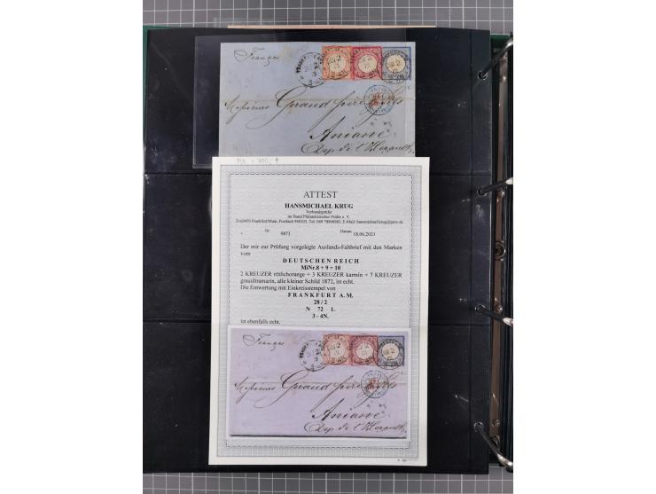 1872/75, Kreuzerbezirk, Sammlung von 31 Belegen, dabei Farbfrankaturen Michel 7 + 8, Mi. 8 EF auf Brief in den eigenen Landzu