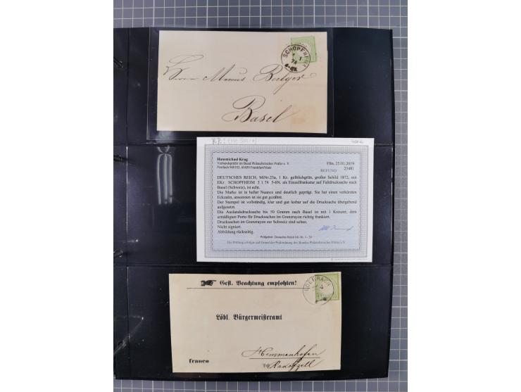 1872/75, Kreuzerbezirk, Sammlung von 31 Belegen, dabei Farbfrankaturen Michel 7 + 8, Mi. 8 EF auf Brief in den eigenen Landzu
