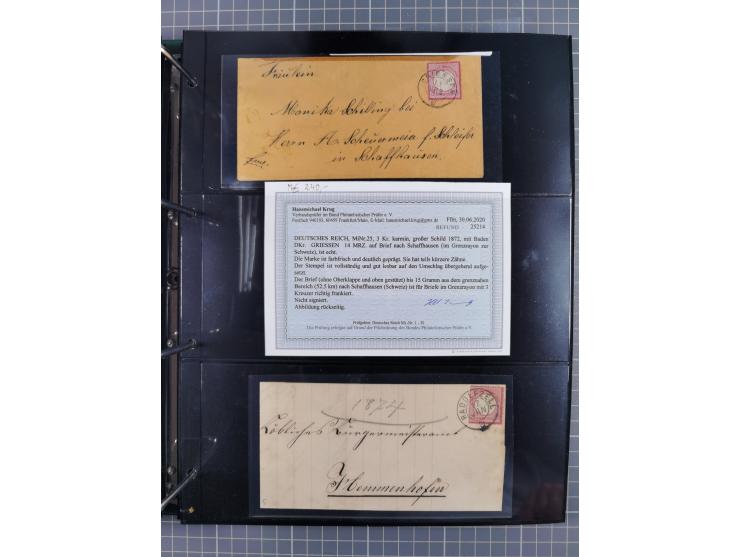 1872/75, Kreuzerbezirk, Sammlung von 31 Belegen, dabei Farbfrankaturen Michel 7 + 8, Mi. 8 EF auf Brief in den eigenen Landzu