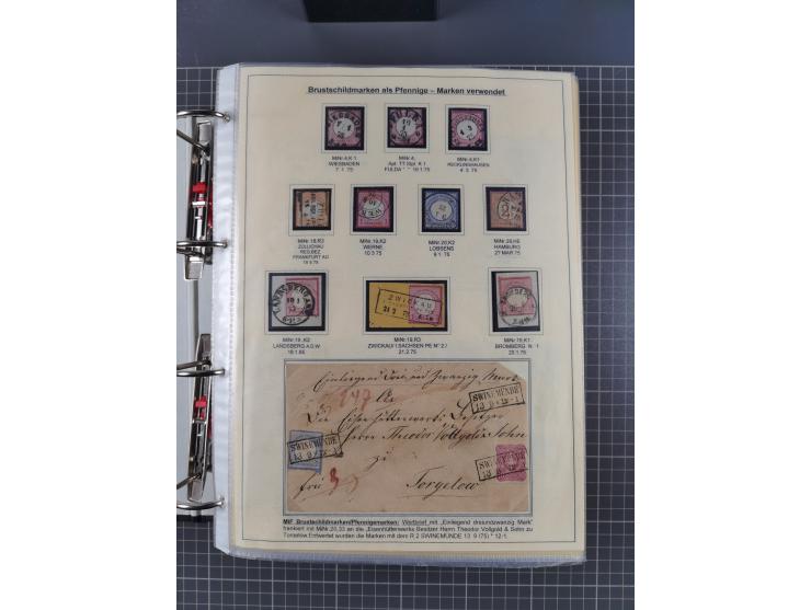 1875/89, gestempelte Spezialsammlung “Pfennig/-e” mit etwas über 130 Briefen und Karten, ab Brustschilde in Pfennigwährung ve