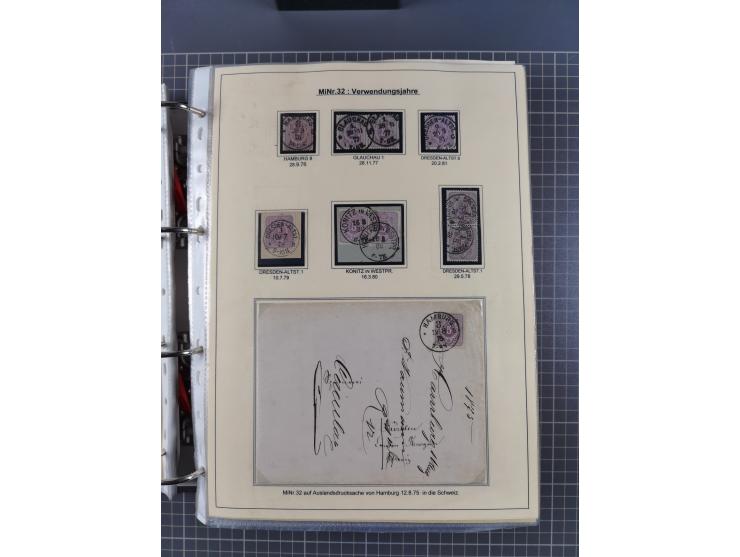 1875/89, gestempelte Spezialsammlung “Pfennig/-e” mit etwas über 130 Briefen und Karten, ab Brustschilde in Pfennigwährung ve