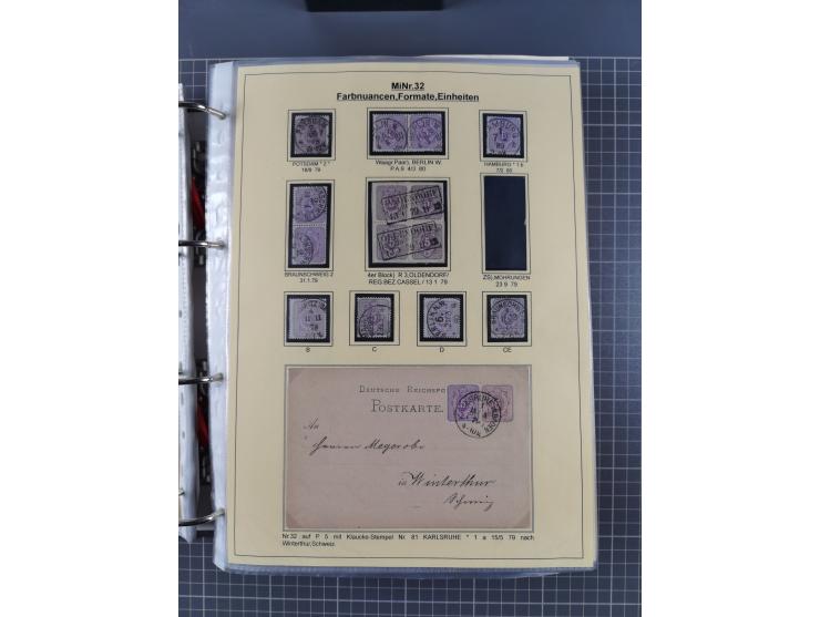 1875/89, gestempelte Spezialsammlung “Pfennig/-e” mit etwas über 130 Briefen und Karten, ab Brustschilde in Pfennigwährung ve