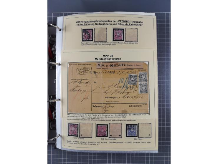 1875/89, gestempelte Spezialsammlung “Pfennig/-e” mit etwas über 130 Briefen und Karten, ab Brustschilde in Pfennigwährung ve