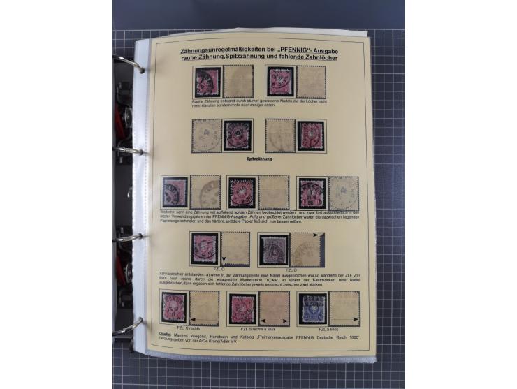 1875/89, gestempelte Spezialsammlung “Pfennig/-e” mit etwas über 130 Briefen und Karten, ab Brustschilde in Pfennigwährung ve