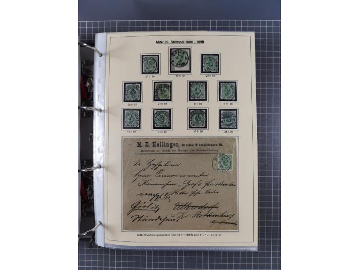 1875/89, gestempelte Spezialsammlung “Pfennig/-e” mit etwas über 130 Briefen und Karten, ab Brustschilde in Pfennigwährung ve