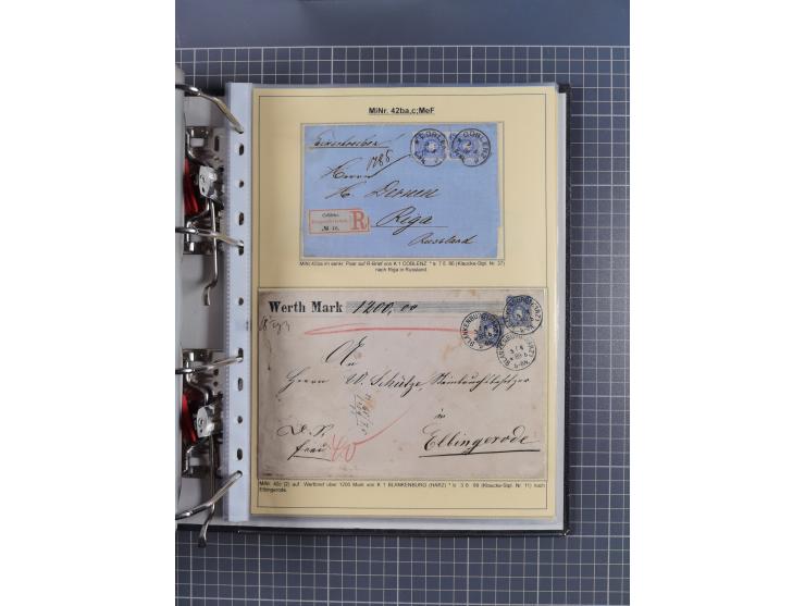 1875/89, gestempelte Spezialsammlung “Pfennig/-e” mit etwas über 130 Briefen und Karten, ab Brustschilde in Pfennigwährung ve