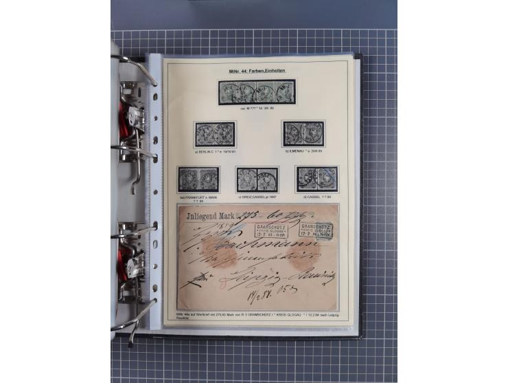 1875/89, gestempelte Spezialsammlung “Pfennig/-e” mit etwas über 130 Briefen und Karten, ab Brustschilde in Pfennigwährung ve