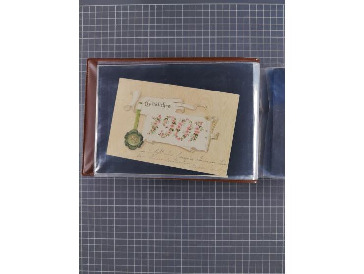 Glückwunschkarten Neujahr: 1900/14, Album mit 110 Lithos zum Thema Jahreszahlen", davon sind 104 St. geprägt